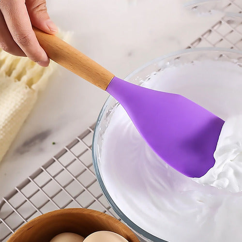 Set Utensilios Cocina Silicón Y Mango De Madera 12 Pzs Lila