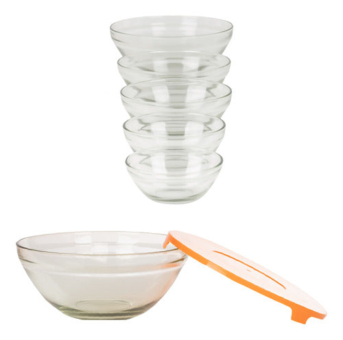 Set De 5 Bowls De Cristal Con Tapa De Plástico Naranja