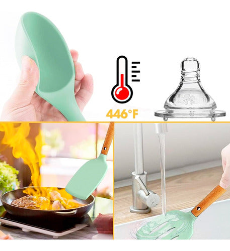 Set Utensilios Cocina Silicón Y Mango De Madera 12 Pzs Ment
