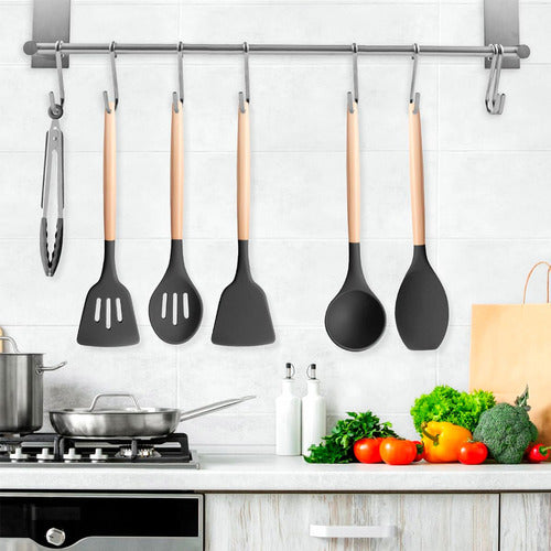 Set Utensilios Cocina Silicón Y Mango De Madera 12 Pzs Negr Color Negro