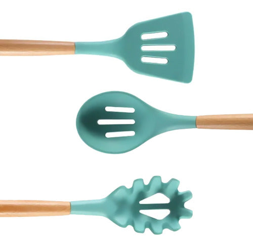 Set Utensilios Cocina Silicón Y Mango De Madera  12 Pzs Turq