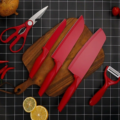Juego De Cuchillos, Pelador Y Tijeras Rojo 5 Pzs