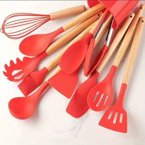 Set Utensilios Cocina Silicón Y Mango De Madera 12 Pzs Rojo