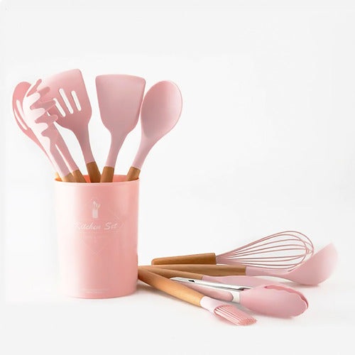 Set Utensilios Cocina Silicón Y Mango De Madera  12 Pzs Rosa