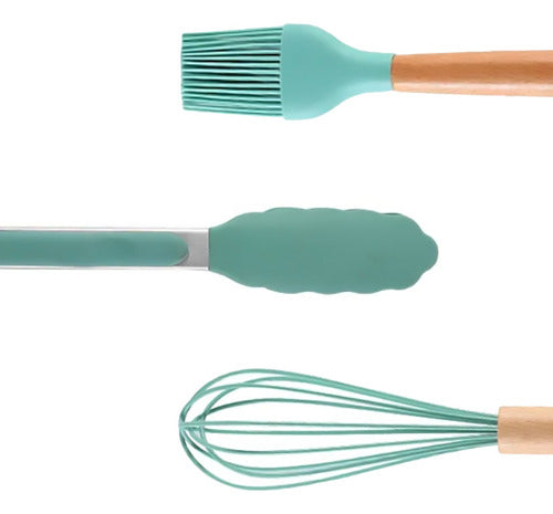 Set Utensilios Cocina Silicón Y Mango De Madera  12 Pzs Turq