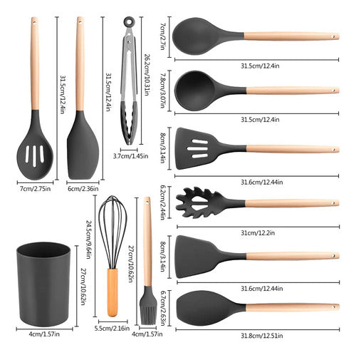 Set Utensilios Cocina Silicón Y Mango De Madera 12 Pzs Negr Color Negro