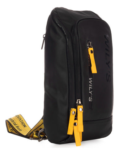 Mochila Cruzada Negro Con Amarillo Cierre Frontal Wilys