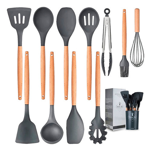 Set Utensilios Cocina Silicón Y Mango De Madera 12 Pzs Negr Color Negro