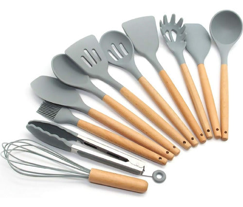 Set Utensilios Cocina Silicón Y Mango De Madera  12 Pzs Gris