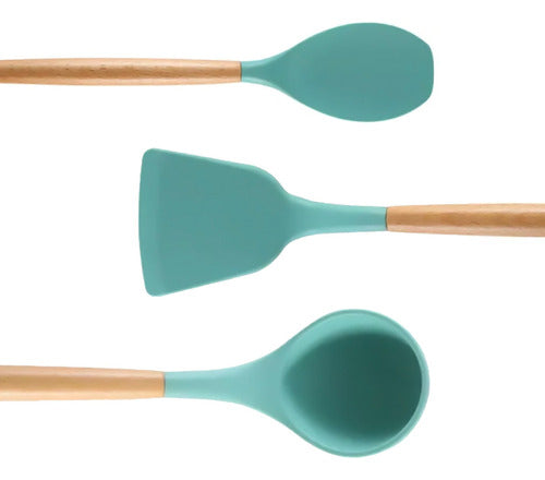 Set Utensilios Cocina Silicón Y Mango De Madera 12 Pzs Turq Color Turquesa