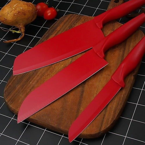 Juego De Cuchillos, Pelador Y Tijeras Rojo 5 Pzs