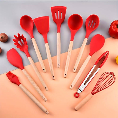 Set Utensilios Cocina Silicón Y Mango De Madera  12 Pzs Rojo