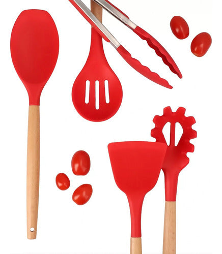 Set Utensilios Cocina Silicón Y Mango De Madera 12 Pzs Rojo