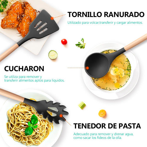 Set Utensilios Cocina Silicón Y Mango De Madera  12 Pzs Negr