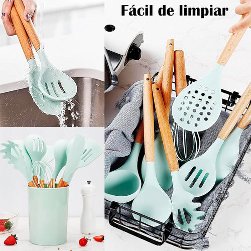 Set Utensilios Cocina Silicón Y Mango De Madera  12 Pzs Ment