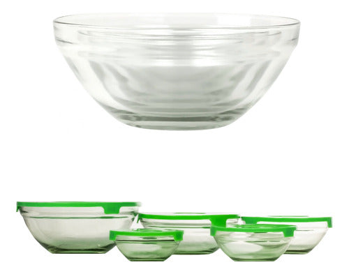 Set De 5 Bowls De Cristal Con Tapa De Plástico Verde