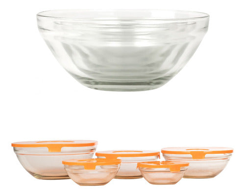 Set De 5 Bowls De Cristal Con Tapa De Plástico Naranja