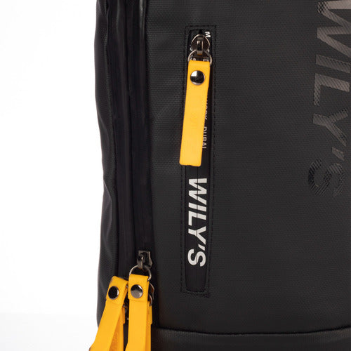 Mochila Cruzada Negro Con Amarillo Cierre Frontal Wilys