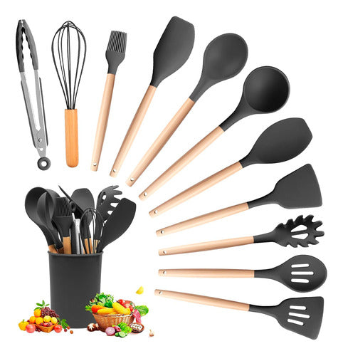 Set Utensilios Cocina Silicón Y Mango De Madera  12 Pzs Negr