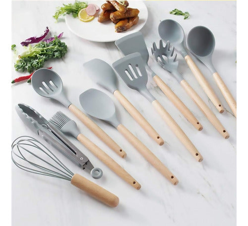 Set Utensilios Cocina Silicón Y Mango De Madera 12 Pzs Gris Color Gris Oscuro