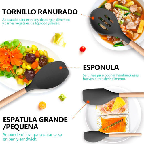 Set Utensilios Cocina Silicón Y Mango De Madera  12 Pzs Negr