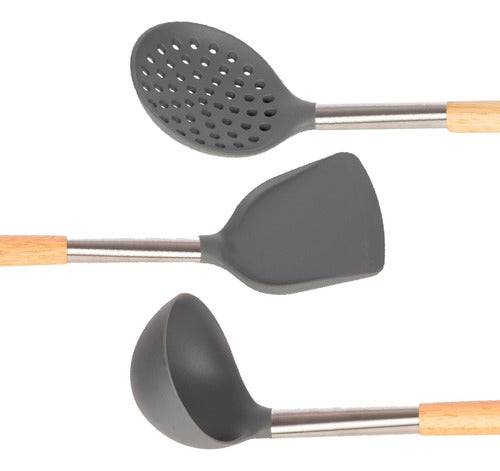 Cucharones De Silicón Y Mango De Madera 3 Pzs Color Gris Oscuro