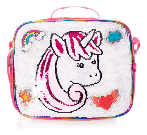 Lonchera Unicornio Rainbow Wilys Plata Color Plateado Lentejuela