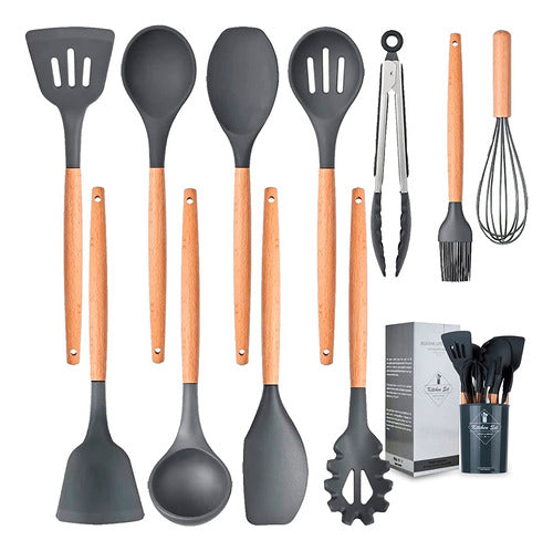 Set Utensilios Cocina Silicón Y Mango De Madera  12 Pzs Negr