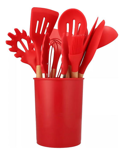 Set Utensilios Cocina Silicón Y Mango De Madera  12 Pzs Rojo