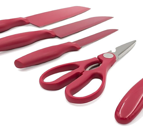 Juego De Cuchillos, Pelador Y Tijeras Rojo 5 Pzs