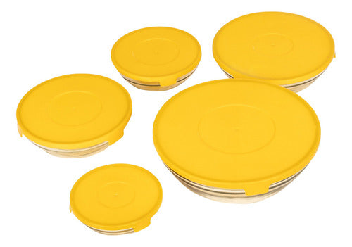 Set De 5 Bowls De Cristal Con Tapa De Plástico Amarillo