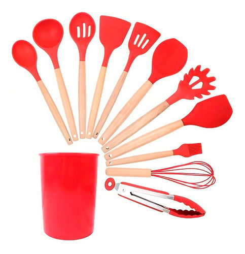 Set Utensilios Cocina Silicón Y Mango De Madera  12 Pzs Rojo