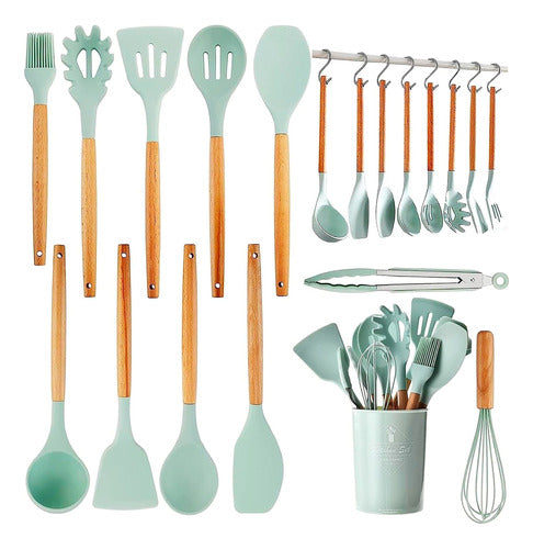 Set Utensilios Cocina Silicón Y Mango De Madera  12 Pzs Ment