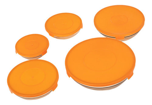 Set De 5 Bowls De Cristal Con Tapa De Plástico Naranja