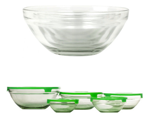 Set De 5 Bowls De Cristal Con Tapa De Plástico Verde