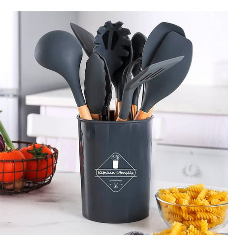 Set Utensilios Cocina Silicón Y Mango De Madera 12 Pzs Negr Color Negro