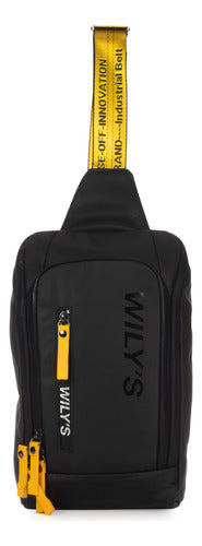 Mochila Cruzada Negro Con Amarillo Cierre Frontal Wilys