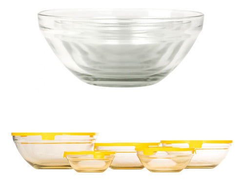 Set De 5 Bowls De Cristal Con Tapa De Plástico Amarillo