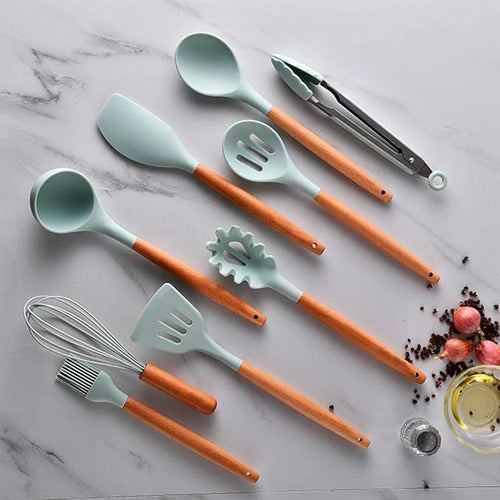 Set Utensilios Cocina Silicón Y Mango De Madera  12 Pzs Ment